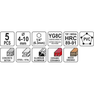 YATO ZESTAW WIERTEŁ UNIWERSALNYCH 4-10MM MOCOWANIE HEX 5SZT