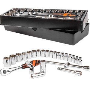Richmann Zestaw kluczy nasadowych z grzechotką 1/2 cala 8-32 mm 25 elementów nasadki bity wkład do wózka narzędziowego