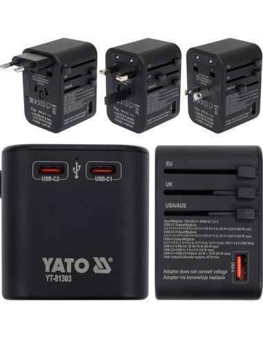 Yato Ładowarka Adapter Sieciowy Podróżny Do Ponad 150 Krajów USB-C USB-A PD 65W Q.C. 3.0