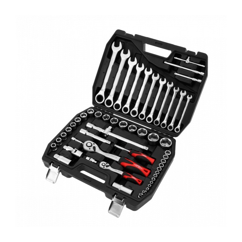 AIRPRESS Zestaw kluczy płasko-oczkowych i nasadowych + nasadki - 54 elementy