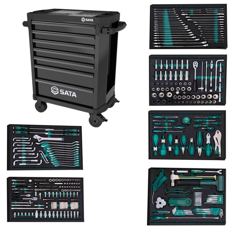 Sata Wózek Warsztatowy Pro Czarny 7 Szuflad + 368 Elementów Wyposażenia