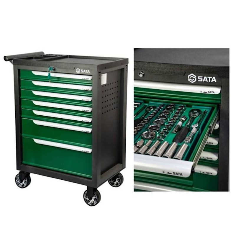 Sata Wózek Narzędziowy Warsztatowy 7 Szuflad ST95126G Basic z Kompletnym Zestawem 299 Narzędzi w Modułach Piankowych Wkładach