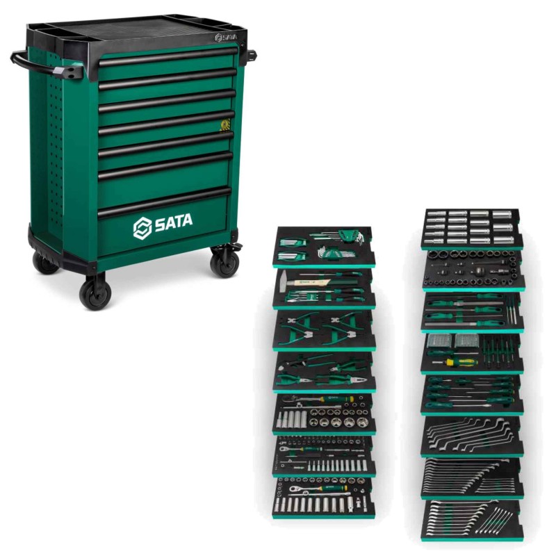 SATA Wózek Narzędziowy PRO ST95113G ZIELONY - 7 Szuflad + Zestaw 360 Narzędzi
