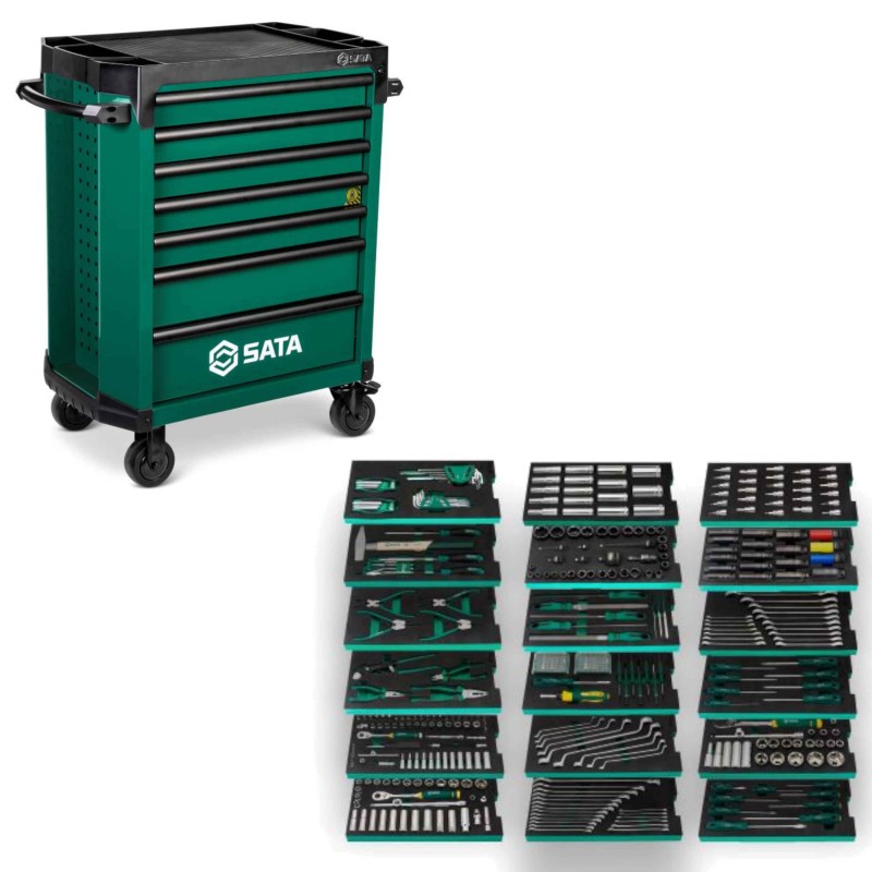 SATA Wózek Narzędziowy PRO ZIELONY 7 Szuflad ST95113G Pełne Wyposażenie + Zestaw 416 Narzędzi