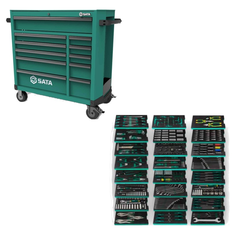 SATA Wózek Narzędziowy ST95114G PRO Zielony 11 Szuflad z Zestawem Narzędzi XXL 452 Elementy