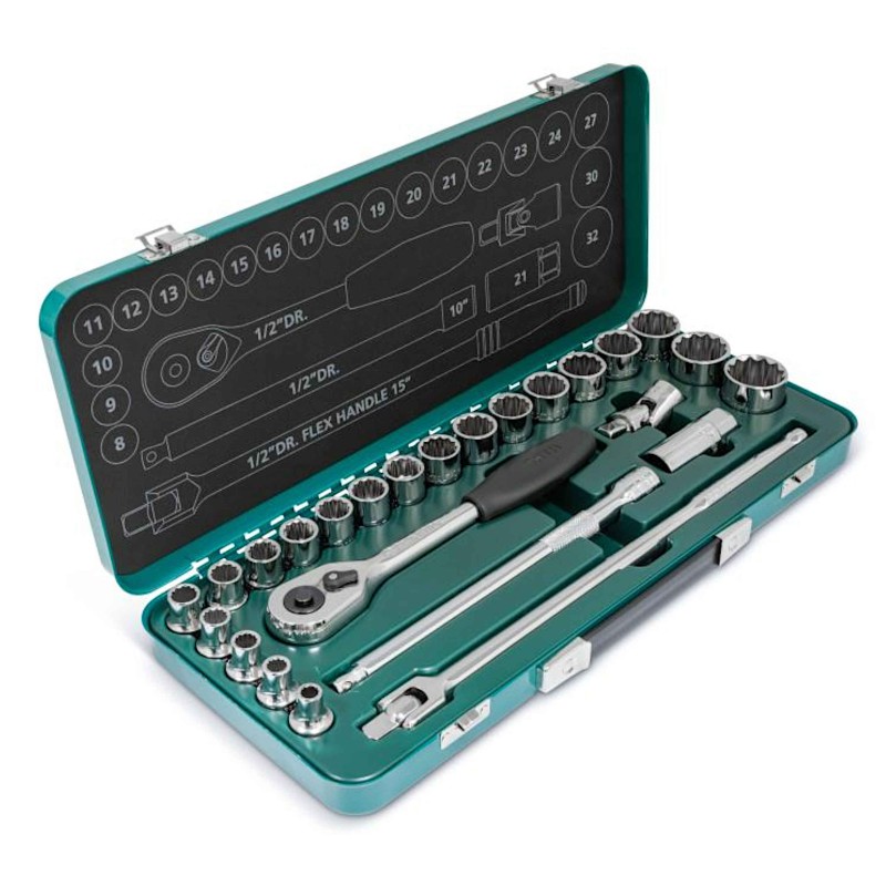 Sata Profesjonalny Zestaw Kluczy Nasadowych 1/2" 25 Częściowy 12-kątne Metalowa Kaseta